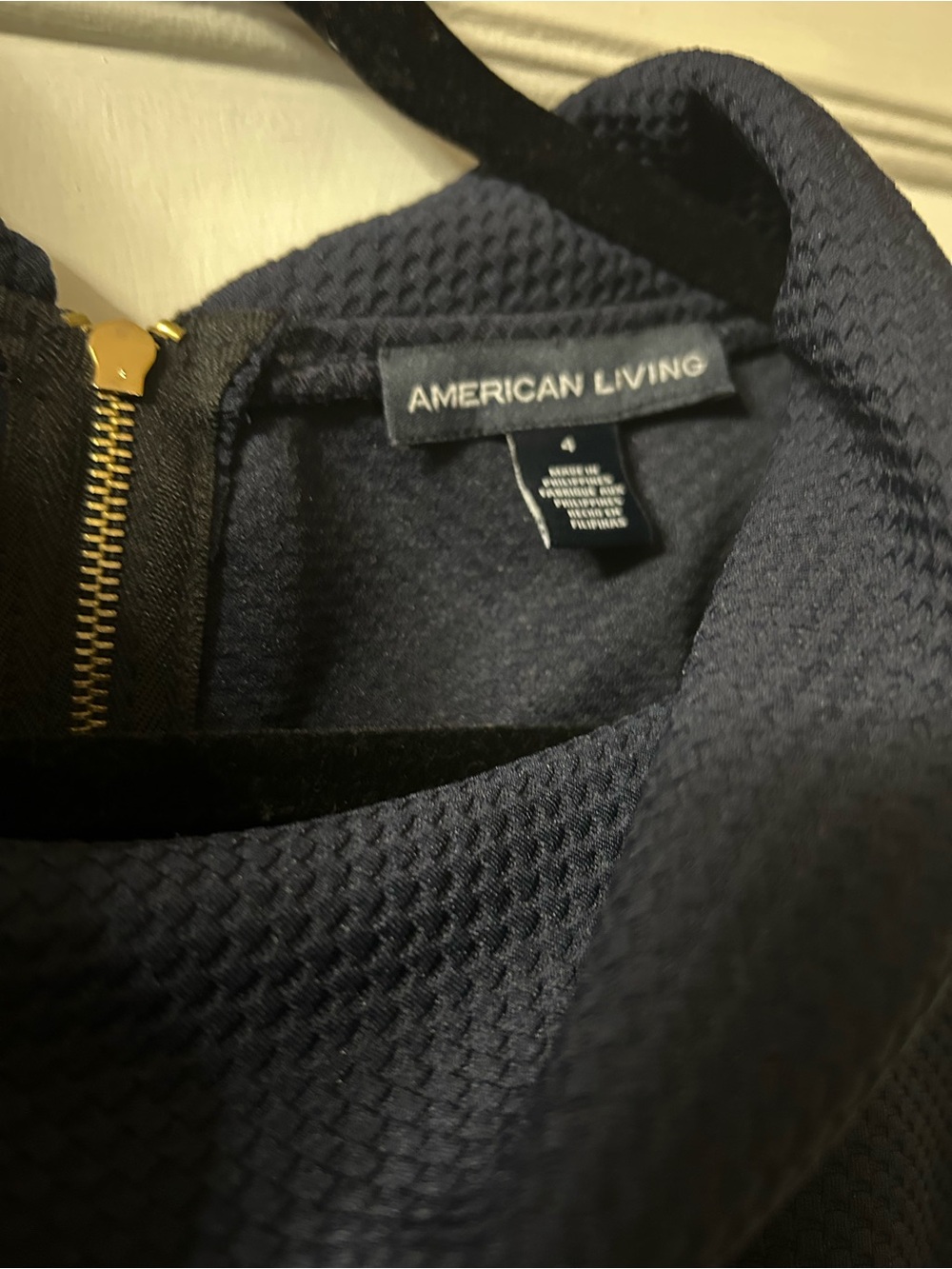 American Living Navy Textured Sheath Dress with Gold Accent